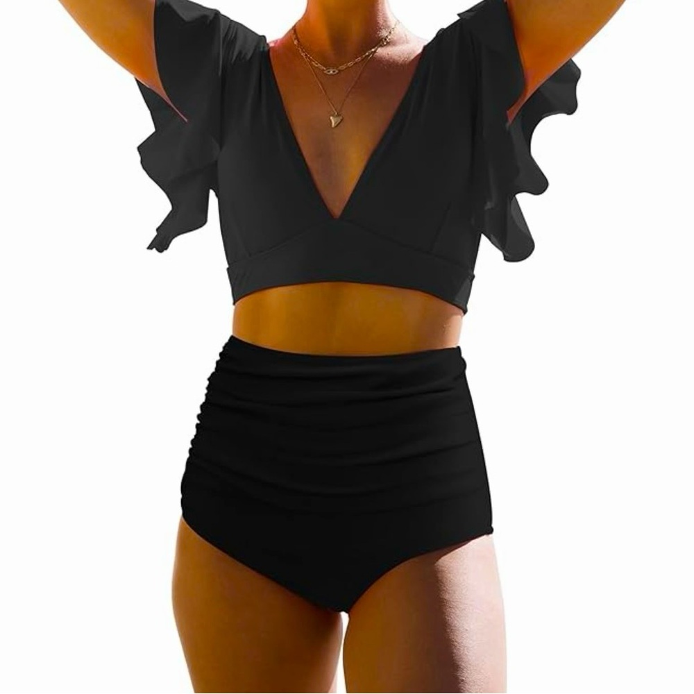 Sporlike 2 piece swimsuit from Amazon. Ruffled high waisted bottoms. BLK size S